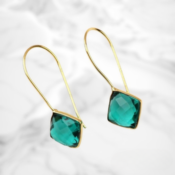 Top Solid 925 Sterling Silver Women's Drop Dangle Earrings Green Teal Sapphire Hydro 12mm Cushion Checker Cut 18K Gold Dangle