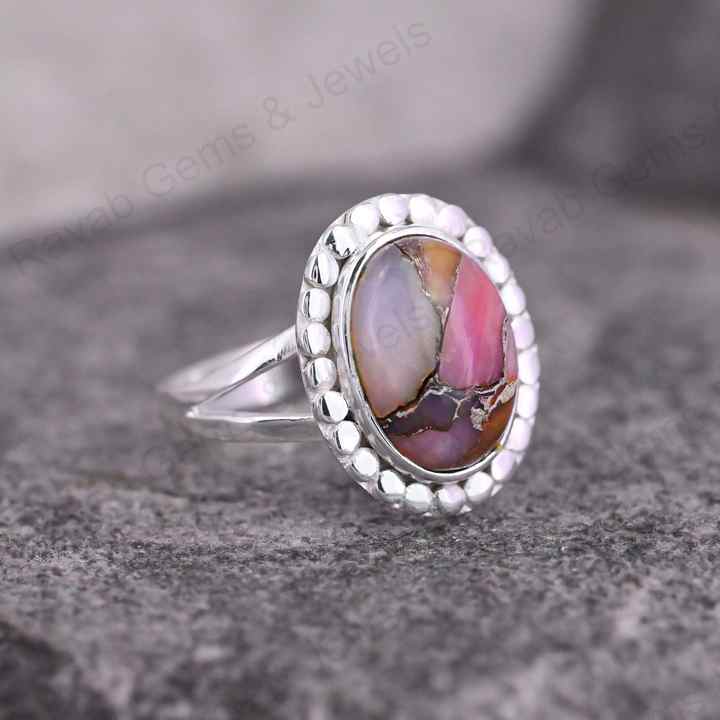 Handmade 925 Silver Designer Bezel Ring Mohave Pink Opal Copper Cabochon Gemstone 10x14mm Solid Rhodium Plated Fine Jewelry