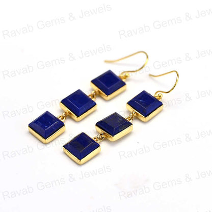 New Arrival Solid 925 Sterling Silver Natural Lapis Lazuli 10mm Square Cut 18k Gold Plated Dangle Drop Fine Earring for Women