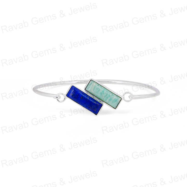 Handmade 925 Silver Minimalist Statement Adjustable Women Bangle Amazonite Lapis Lazuli Rectangle Bezel Setting Fine Jewelry