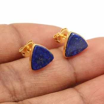 Impressive 18K Gold Plated 925 Sterling Silver Handmade Fine Stud Earrings for Women Natural Lapis Lazuli Gemstone Jewelry