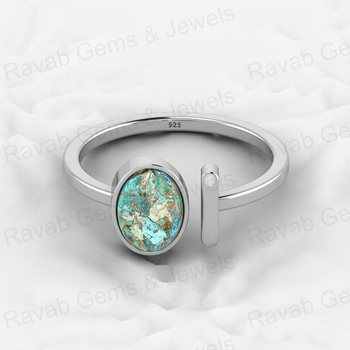 Top Selling 925 Sterling Silver Natural Chrysocolla Turquoise Gemstone Bezel Setting Adjustable Cocktail Open Ring Jewelry