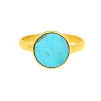 Best Selling Unisex-Trendy 18K Gold Plated Rhodium Fine Ring 12mm Natural Arizona Turquoise Gemstone Coin Shape Jewelry Women