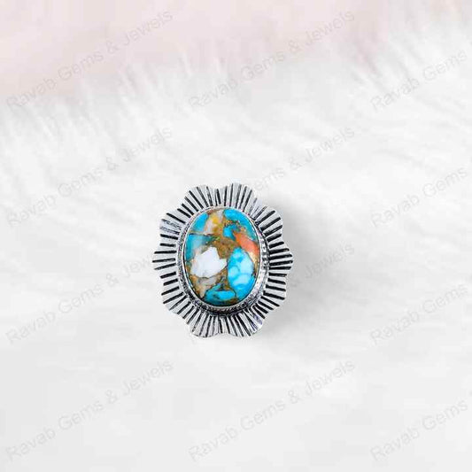 Best Quality Solid 925 Sterling Silver Natural Spiny Oyster Turquoise 10x14mm Oval Bezel Setting Ring for Women Navajo Jewelry
