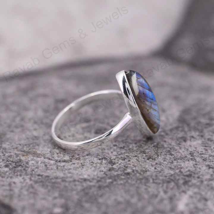 Top Quality Solid 925 Sterling Silver Natural Labradorite Marquise Shape 7x14mm Gemstone Bezel Setting Simple Band Fine Ring