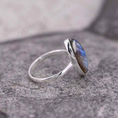 Top Quality Solid 925 Sterling Silver Natural Labradorite Marquise Shape 7x14mm Gemstone Bezel Setting Simple Band Fine Ring