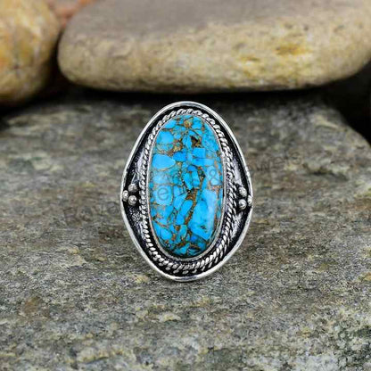 Premium Quality Solid 925 Sterling Silver Natural Blue Copper Turquoise Vintage Navajo Oxidized Fine Handmade Ring for Women