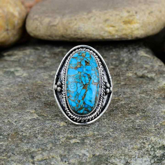 Premium Quality Solid 925 Sterling Silver Natural Blue Copper Turquoise Vintage Navajo Oxidized Fine Handmade Ring for Women