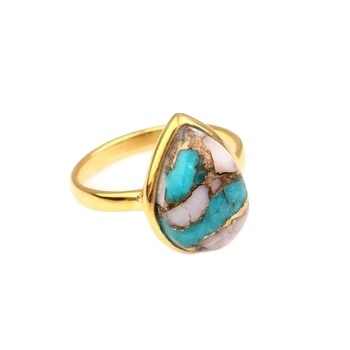 10x14mm Pink Opal Copper Turquoise Bezel 18k Gold Plated Dainty Sterling Silver Ring Vintage Style Unisex for Him Her Weddings