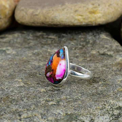 Natural Kingman Pink Dahlia Oyster Turquoise Solid 925 Sterling Silver Pear 9x12mm Bezel Setting Vintage Handmade Ring Women