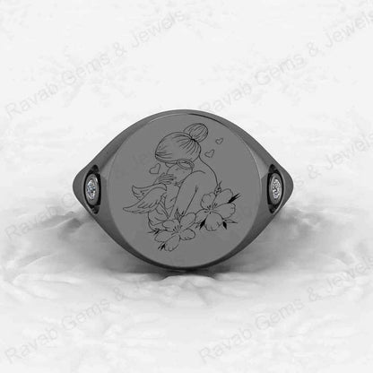 New Arrival Solid 925 Sterling Silver Engraved Style CZ Mother Holding Baby Signet Ring for Men's Fine Handmade Jewelry