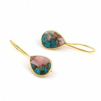 High Quality 12x16mm Mohave Pink Opal Bezel Earrings Copper Turquoise Gemstone 18K Gold Plated Sterling Silver Pear Drop Her