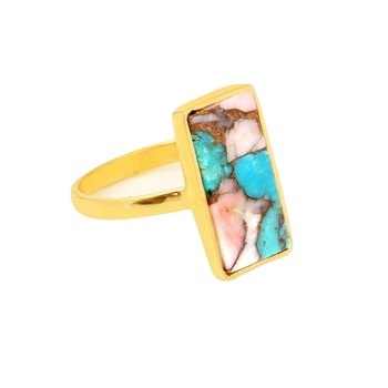 Best Selling 18K Gold Plated Fine Ring Dainty Boho Style Promise Wedding/Party Ring 8x16mm Mohave Turquoise Pink Opal Copper
