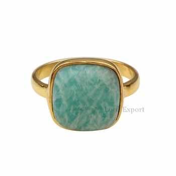 12mm Amazonite Gemstone Dainty Cushion Ring 18K Gold Rhodium 925 Sterling Silver Beautiful Bezel for Trendy Parties