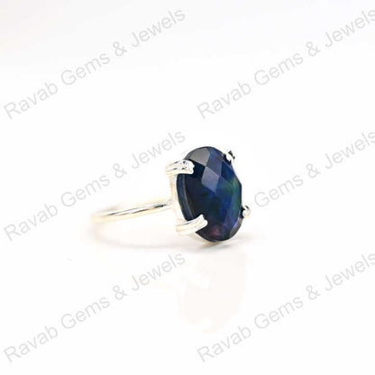 Solid 925 Sterling Silver Manmade Abalone Quartz Doublets Oval Checker Cut Prong Setting Ring for Women Handmade Jewelry