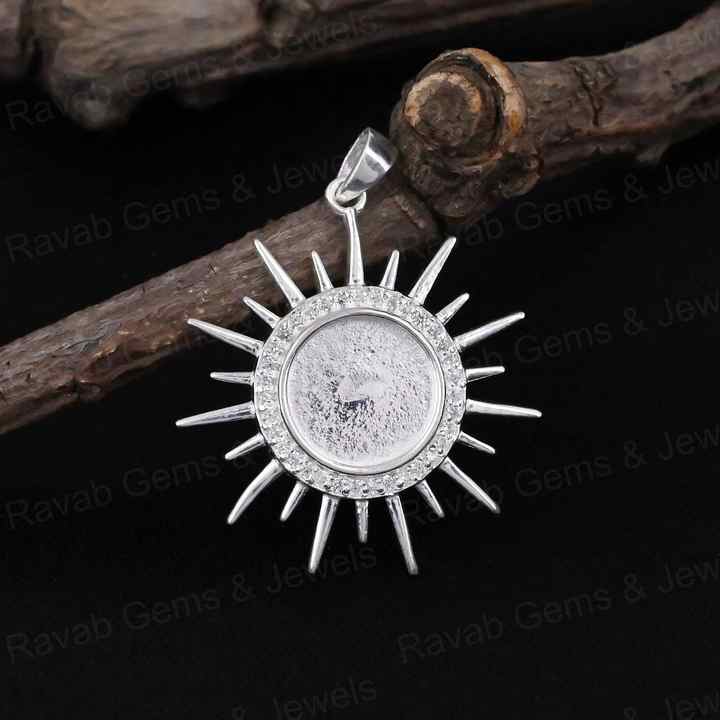High Quality 925 Silver 10mm Round Sunburst With Pave Zircon Blank Bezel Base Charm Pendant Setting Breastmilk Keepsake Jewelry