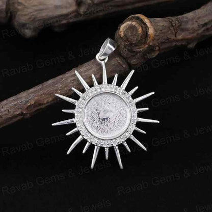 High Quality 925 Silver 10mm Round Sunburst With Pave Zircon Blank Bezel Base Charm Pendant Setting Breastmilk Keepsake Jewelry