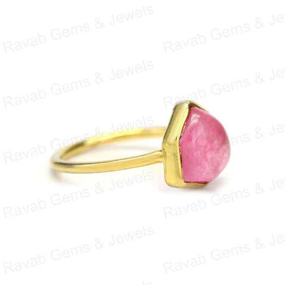 Latest Design 12x14mm Natural Pink Strawberry Quartz Gemstone Bezel Handmade 18K Gold Plated Silver Dainty Fancy Ring for Her