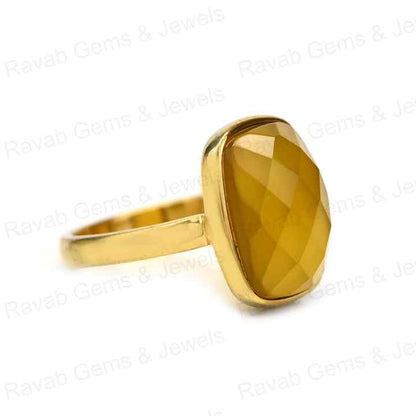 Best Selling Handmade 925 Silver Bezel Vermeil Eternity 12x16mm Yellow Chalcedony Rectangle Cushion Faceted Ring Fine Jewelry
