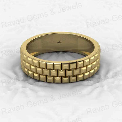 Best Selling Genuine 925 Sterling Silver Gold Vermeil Wedding Band Brick Pattern 5mm Eternity Wide Band Men's Ring Fine Jewelry