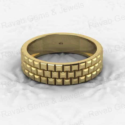 Best Selling Genuine 925 Sterling Silver Gold Vermeil Wedding Band Brick Pattern 5mm Eternity Wide Band Men's Ring Fine Jewelry