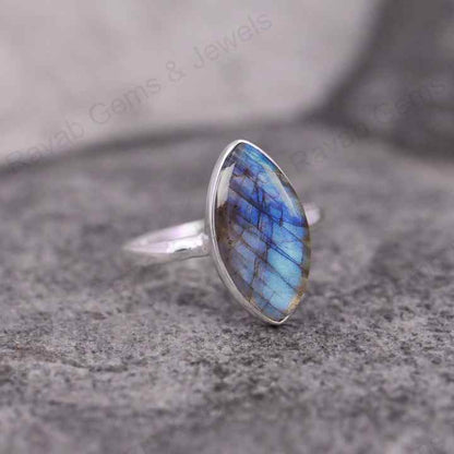 Top Quality Solid 925 Sterling Silver Natural Labradorite Marquise Shape 7x14mm Gemstone Bezel Setting Simple Band Fine Ring