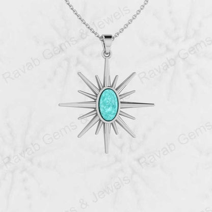 New Arrival Solid 925 Sterling Silver Natural Amazonite 6x10mm Flat Oval Compass Design Bezel Setting Fine Pendant for Women