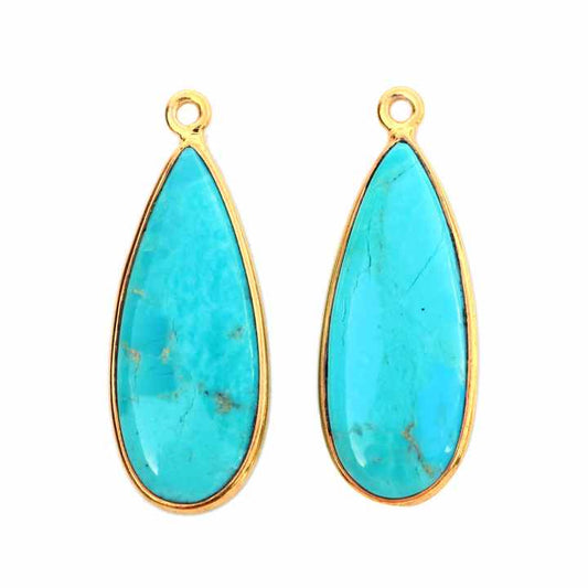 High Quality Natural Kingman Arizona Turquoise 925 Silver 10x25mm Long Pear Shape Gemstone Bezel Charm for Pendant Necklace