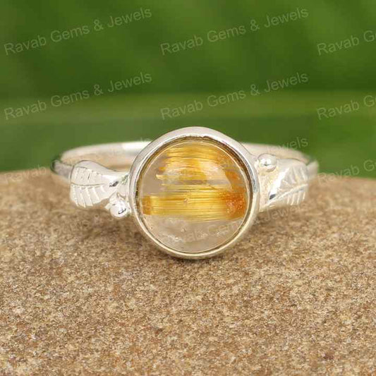 High Quality 10mm Solid 925 Sterling Silver Women's Engagement Rings Natural Golden Rutile Cabochon Leaf Designer Style Direct