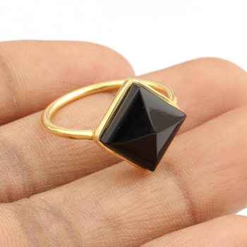 Hot Selling 12mm Natural Black Onyx Gemstone Bezel Set 18K Gold Plated 925 Silver Dainty Diamond Cut Ring for Women Fine Jewelry