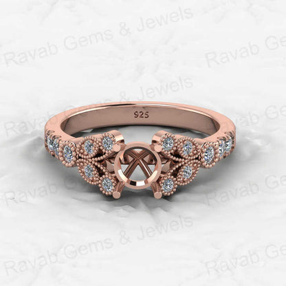 Solid 925 Silver 6mm Pave CZ Diamond Semi Mount Top Quality Filigree Open Blank Ring Prong Setting Memorial Jewelry DIY Findings