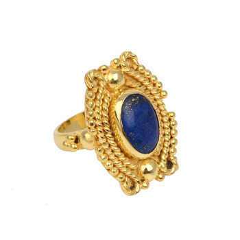 Best Selling Designer Boho Oval Shape Ring Women 10x14mm Lapis Lazuli Gemstone Bezel 18k Gold Plated Sterling Silver Fine