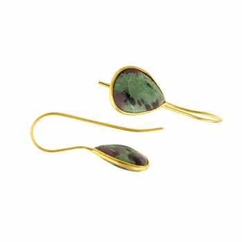 Top Quality Handmade 925 Sterling Silver Dangle Earrings 18K Gold Plated Lovely Ruby Zoisite Natural Gemstone Teardrop Design"