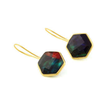 Hot Selling 18K Gold Plated 925 Silver Hexagon Teardrop Earrings New Design 12mm Ammolite Hydro Quartz Gemstone Bezel Jewelry