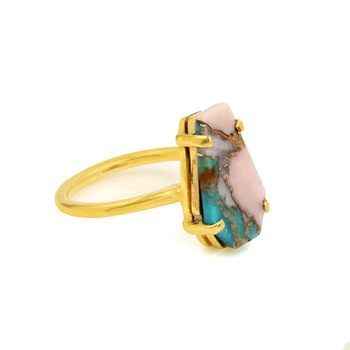 10x17mm Mohave Turquoise Pink Opal Copper Gemstone 18K Gold Plated 925 Silver Dainty Boho Coffin Shape Women's Fine Rings