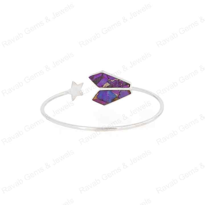 Purple Copper Turquoise Kite Shape 8x16mm Bezel Setting Star Design Solid 925 Sterling Silver Bangle Bracelet For Women Jewelry