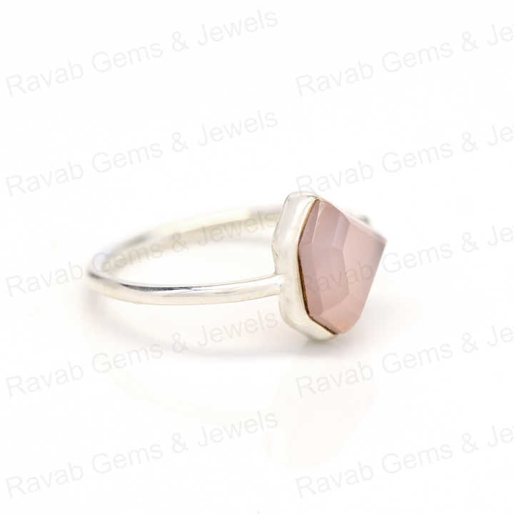Christmas Sale Natural Pink Rose Quartz Sterling 925 Silver 10x10mm Diamond Cut Faceted Bezel Setting Adjustable Ring for Women