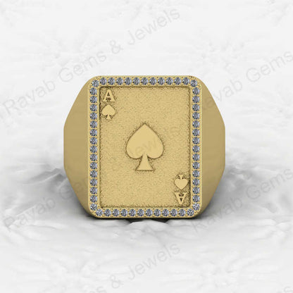 Top Selling Men's 925 Silver Accented Playing Card Gambler Ace Black Spade Signet Embossed Ring Zircon Diamond Motorhead Jewelry