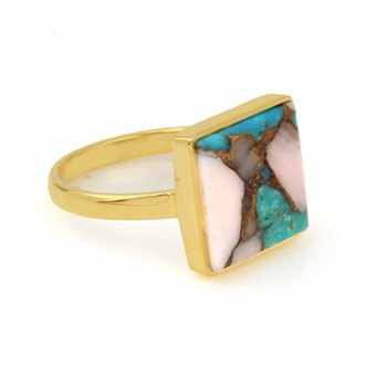 Women's Fine Jewelry-Solid 925 Sterling Silver 18K Gold-Plated Mohave Turquoise Pink Opal Copper Square 12mm Bezel Setting Ring