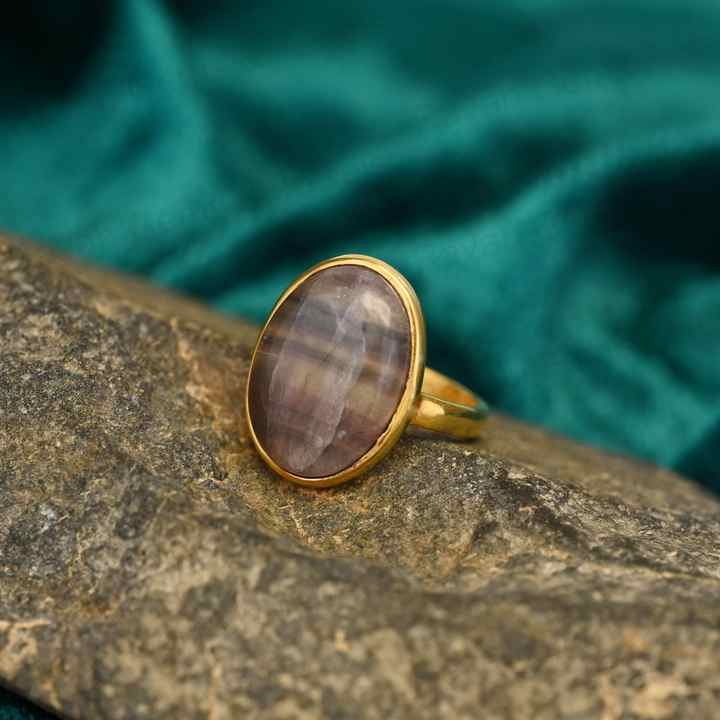 Top Quality Solid 925 Sterling Silver Natural Fluorite Smooth Cabochon 10x14mm Bezel Setting 18k Gold Filled Ring for Women