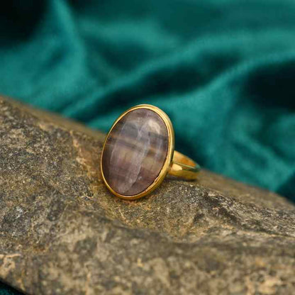 Top Quality Solid 925 Sterling Silver Natural Fluorite Smooth Cabochon 10x14mm Bezel Setting 18k Gold Filled Ring for Women