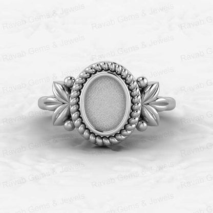 Solid 925 Sterling Silver 6x8mm Oval Bezel Cup Semi Mount Ring Setting Leaf Braided Resin Ashes Work Keepsake Jewelry Component