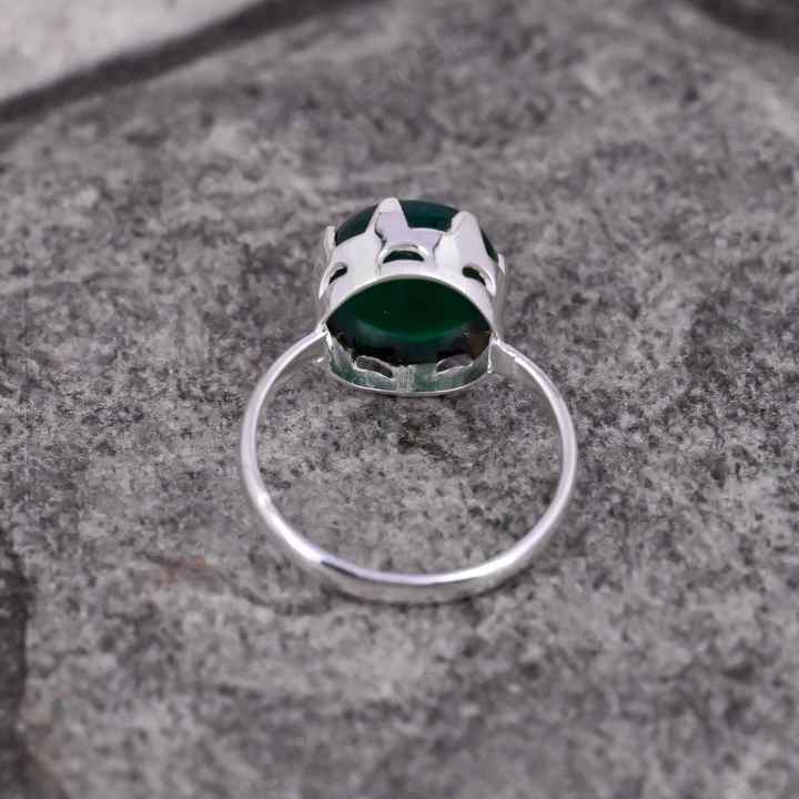 Natural Green Onyx Gemstone 10mm Round Shape Smooth Pre-Noted Setting Solid 925 Sterling Silver Handmade Simple Band Ring