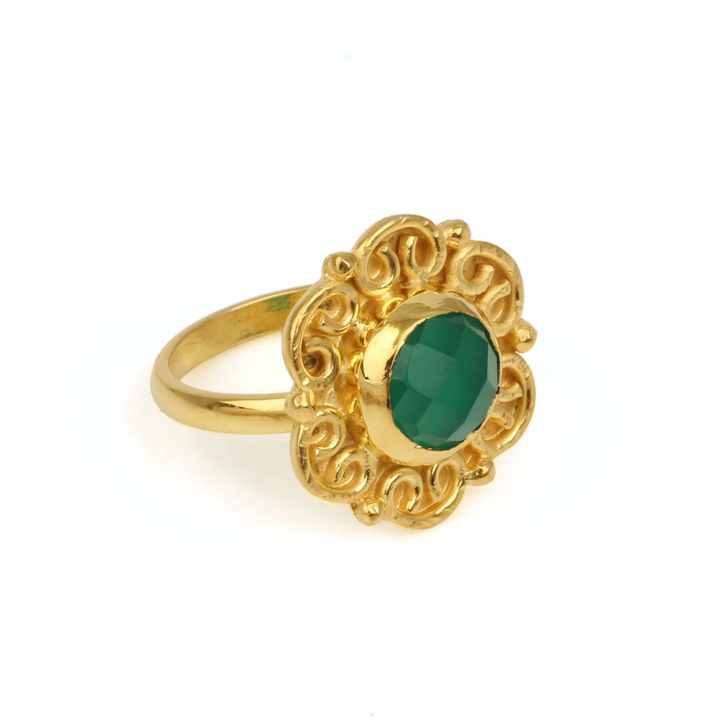 Handmade 925 Silver Gold Vermeil 10mm Natural Green Onyx Round Cabochon Cut Bezel Designer Boho Ring Fine Jewelry For Women