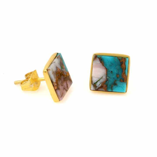 Top Selling Mohave Pink Opal Copper Turquoise Gemstone Jewelry High Polished Gold Plated Sterling Silver Stud Earrings for Girls