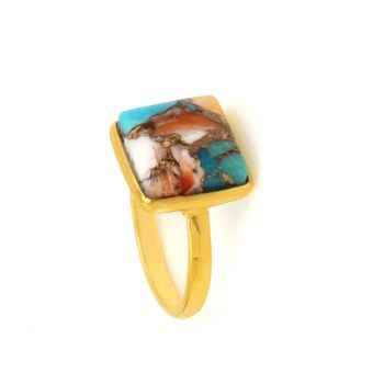 Best Selling 12mm Square Mohave Spiny Oyster Copper Turquoise 18K Gold Plated Fine Sterling Silver Dainty Boho Ring for Gift