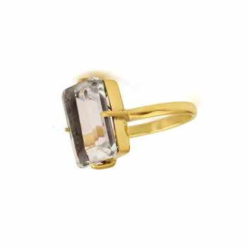 Handmade Design Natural Clear Quartz Emerald Cut Ring Sterling Silver With Gold Plating Fine Semi-Precious Crystal Quartz Ring