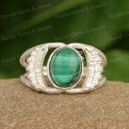 Best Selling 8x10mm Natural Green Malachite Oval Cabochon Elegant Designer Women's Birthday Gift Solid 925 Sterling Silver Ring