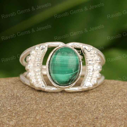 Best Selling 8x10mm Natural Green Malachite Oval Cabochon Elegant Designer Women's Birthday Gift Solid 925 Sterling Silver Ring