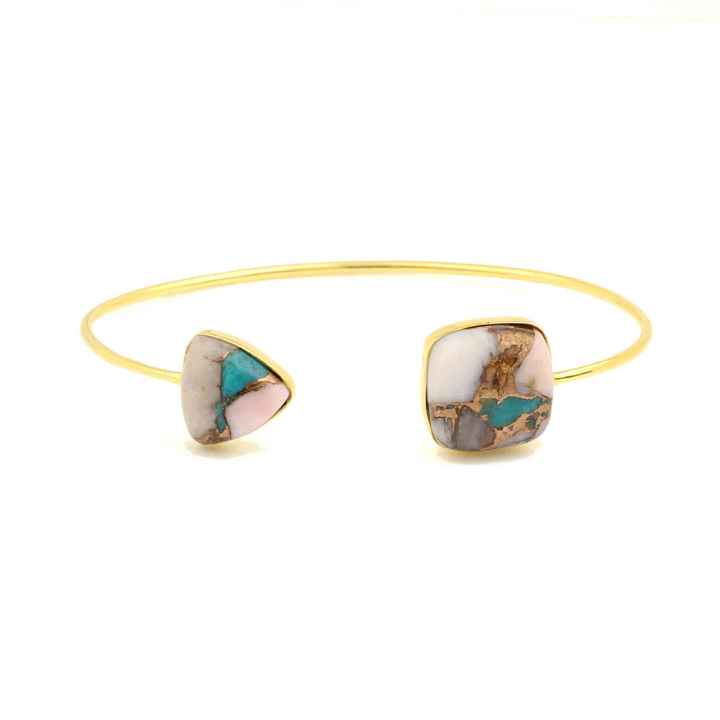 Top Selling 925 Silver Gypsy Cuff Natural Pink Opal Copper Turquoise Gold Plated Triangle Cushion Bangle Fine Bracelets Bangles